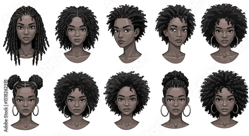 Diverse African American Female Portraits with Various Hairstyles