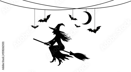 Silhouette of a Witch Flying on a Broom with Bats and Moon