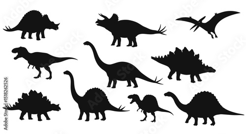 Silhouetted Collection of Various Prehistoric Dinosaurs and Pterosaur