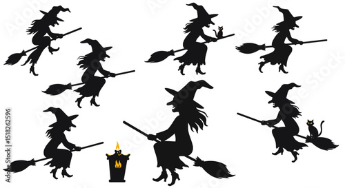 Six Silhouettes of Witches Flying on Broomsticks