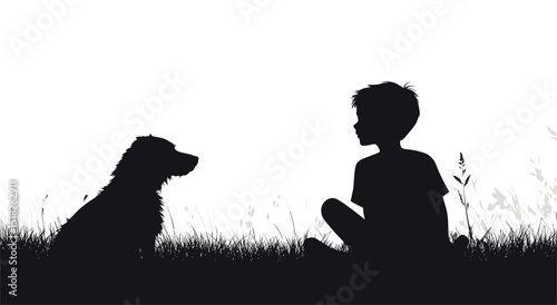Vector silhouette of a boy and a dog sitting on the grass .Generative AI