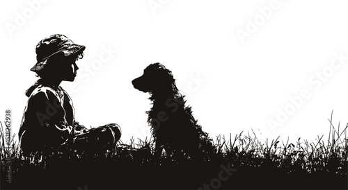 Vector silhouette of a boy and a dog sitting on the grass .Generative AI