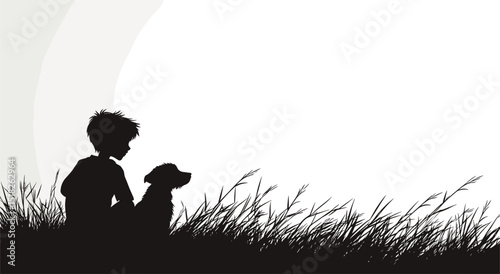 Vector silhouette of a boy and a dog sitting on the grass .Generative AI