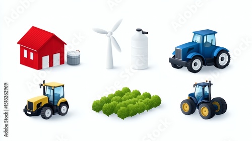 Isometric Farm Icons: Tractor, Barn, Windmill