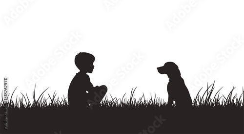 Vector silhouette of a boy and a dog sitting on the grass .Generative AI