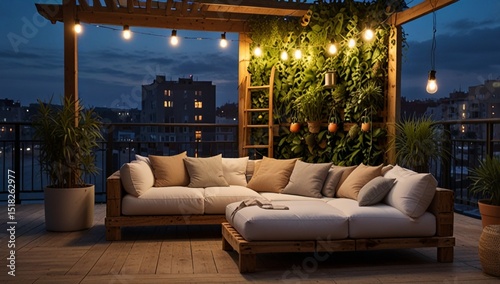 cozy rooftop patio with wooden pallet furniture, vertical garden and inflatable pool at warm summer evening