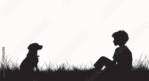 Vector silhouette of a boy and a dog sitting on the grass .Generative AI