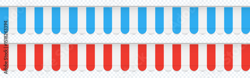 Striped canopies in red and blue on transparent background. Realistic wide storefront awnings for cafe or outdoor market design. Vector Illustration.