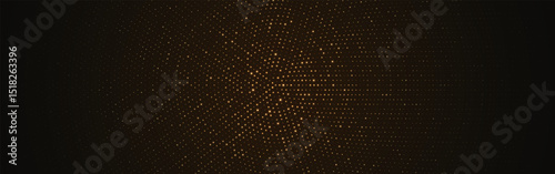 Halftone gold background. Glitter golden circle particles on dark wallpaper with elegant radial light effect. Luxury pattern or celebration backdrop. Wide circular confetti. Vector Illustration.