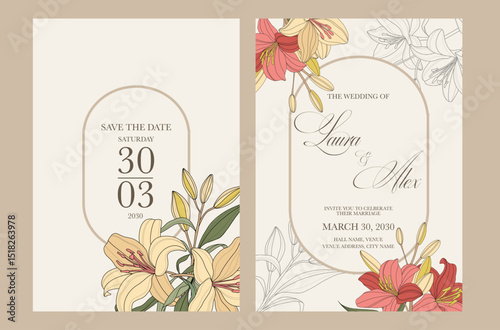 Beautiful and elegant wedding invitation cards set with minimalist flowers design. Simple and elegant wedding card template. Wedding invitation with flowers.