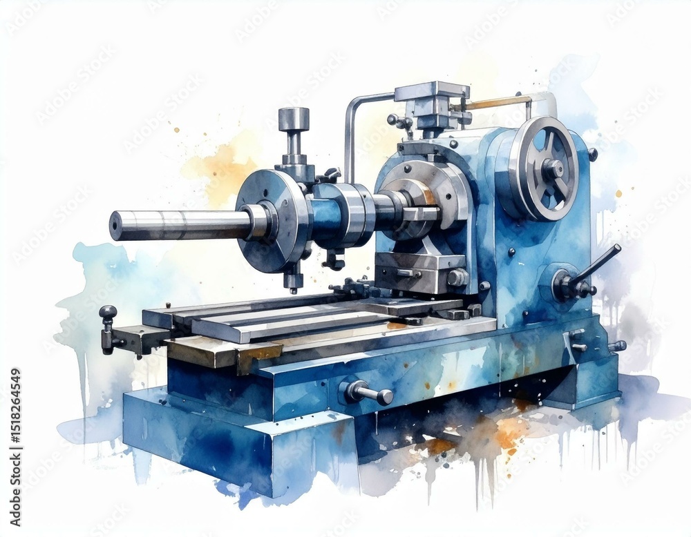 Fototapeta premium Detailed Watercolor Painting of Vintage Industrial Lathe Machine in Blue Hues
