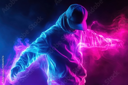 Neon Light Trails Surrounding Dancer in Vibrant Hooded Sweater and Cap Against Dark Background with Colorful Smoke Effects