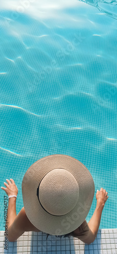 Young Caucasian woman in straw hat relaxing in swimming pool at spa resort. Summer and holiday concept. Rear view. Vertical photo