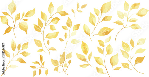 Elegant golden leaves and branches on a white background creating a delicate and sophisticated botanical illustration with a watercolor effect and soft textures Watercolor