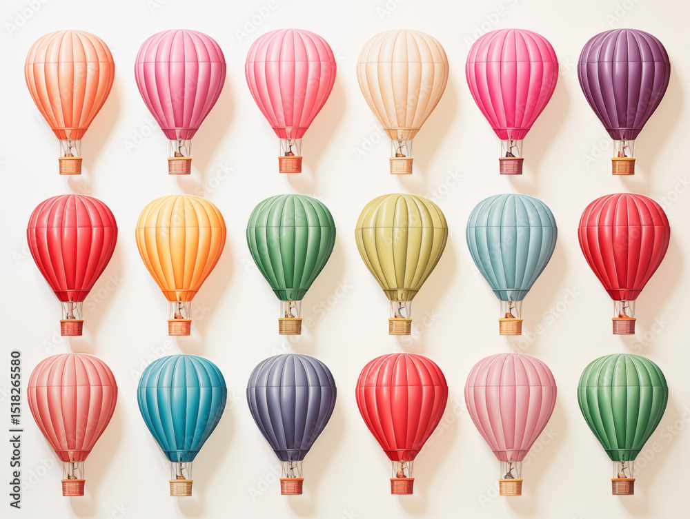 Set of 18 colorful 3D hot air balloons arranged on a white background. Set of 18 colorful 3D hot air balloons arranged on a white background.