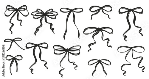 Vintage Coquette Bows in Hand-Drawn Whimsical Style Ribbon Set, Cute Flirtatious Bow Clipart Collection