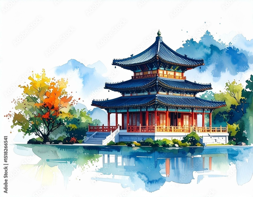 Obraz premium Serene Autumn Scene Traditional Korean Pavilion by Calm Lake Watercolor Painting of Peaceful Asian Architecture