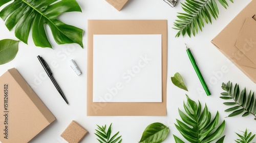 Blank Paper Mockup with Green Leaves & Eco Packaging