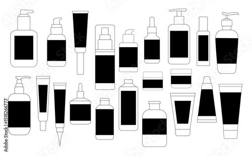 Vector Shampoo and Beauty Bottle Set. Skincare Product Silhouettes with Jars, Tubes and Containers for Cosmetics
