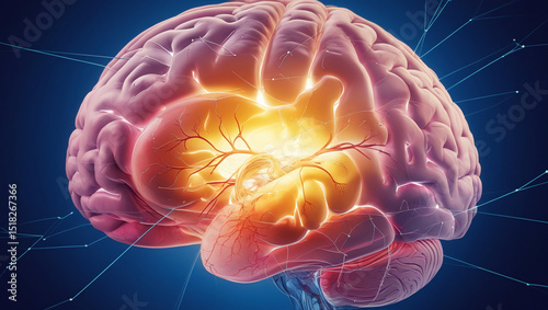 An illuminated, detailed 3D rendering of a human brain, with neural connections and a bright central glow.
