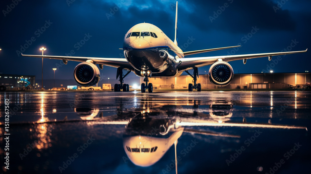 Fototapeta premium Large commercial airplane is parked on wet runway at night, reflecting lights and clouds, creating dramatic atmosphere