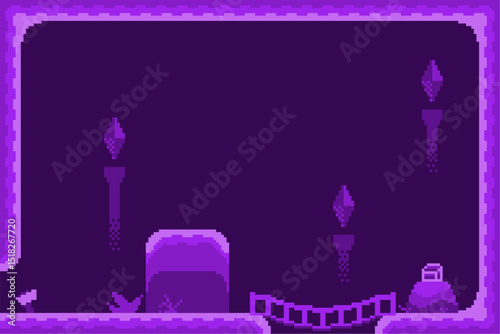 Purple Tone, Pixel Art Style Dark Cave Interior with Treasure Chest, Side view Background
