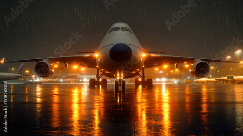 Large commercial airplane is illuminated by lights on rainy night, reflecting on wet runway