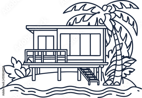 Tropical beach bungalow on stilts with palm trees and veranda, island vacation house line illustration