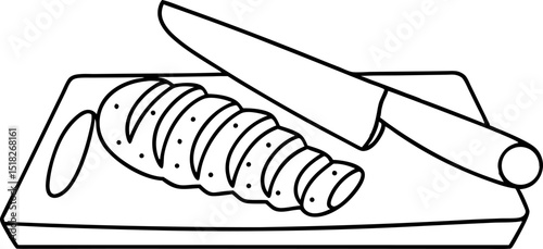 Knife and sliced bread on cutting board food preparation, kitchen utensil, baking, cooking concept illustration