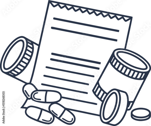 Prescription medication and pharmacy containers pills, capsules, prescription sheet, healthcare treatment concept