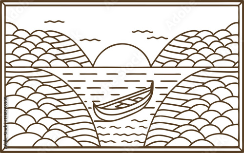 Minimalist line art illustration of a rowing boat on lake at sunrise tranquil scenic landscape with mountains and water
