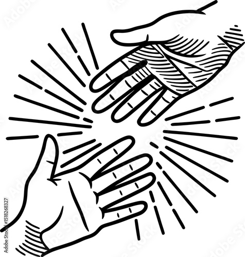Helping hands reaching towards each other, linear mutual support, assistance, community aid concept