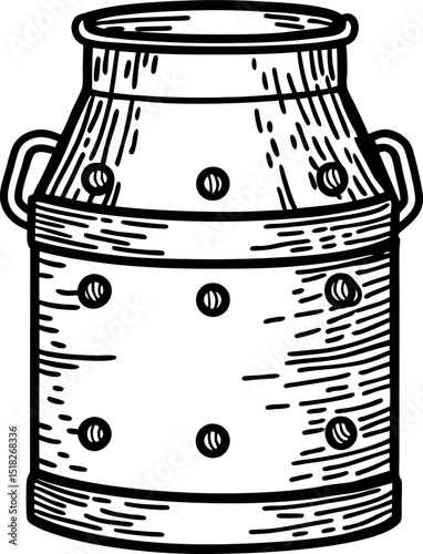 Vintage metal milk can with dotted pattern retro farmhouse dairy container, hand drawn rustic illustration