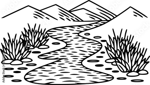 winding river through desert landscape with mountains and bushes nature scenery, arid terrain ecosystem illustration