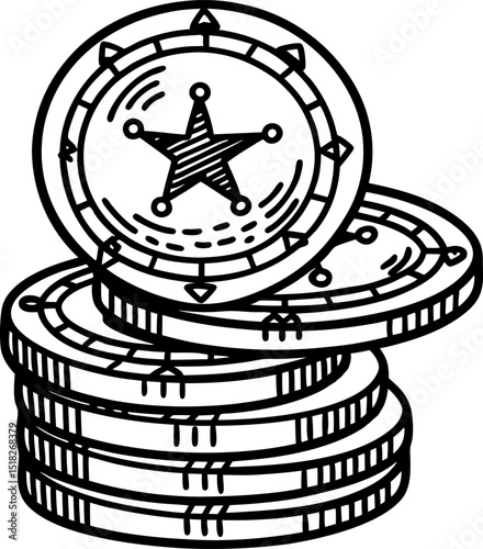 western sheriff badge poker chips, stacked casino currency coins, hand drawn vintage gambling icon