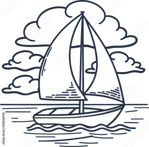 Sailboat on water with clouds hand drawn sketch illustration of sailing yacht, nautical adventure, maritime transport