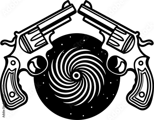 two vintage revolvers crossed above a cosmic black hole spiral retro guns and space vortex tattoo art