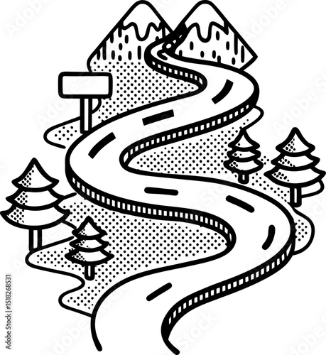 Winding mountain road with trees and hills, scenic curved path, journey travel route illustration, landscape view