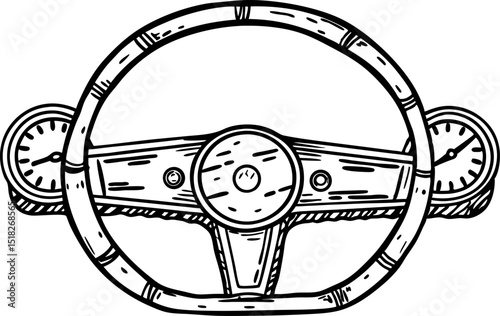 Classic vintage steering wheel sketch retro dashboard illustration with analog gauges, hand drawn automobile interior