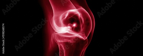 A glowing, stylized X-ray image of a human knee joint, highlighting bones and cartilage in red tones against a black background.