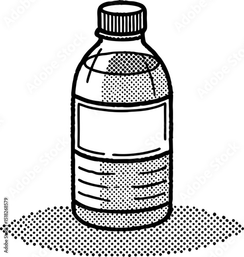 Plastic bottle with blank label, black and white halftone drawing simple packaging mockup, vintage illustration