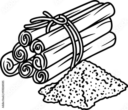 Cinnamon sticks bundle with ground cinnamon powder aromatic spice, seasoning ingredient, culinary flavor enhancer