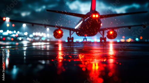 Commercial airplane front view on wet runway at night, illuminated by red lights, creates dramatic atmosphere