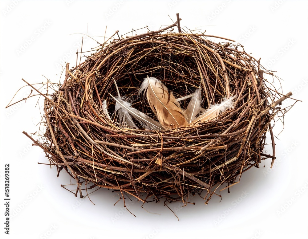 Obraz premium Twigs form a bird's nest, softly lined with feathers for gentle bird rest.