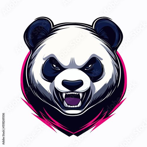 Fierce angry panda head mascot logo with open mouth showing teeth and sharp fangs in bold colorful vector design for esports and gaming team branding