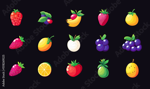 Set of colorful flat minimalist vector icons with strawberries, citrus fruits, berries, and tropical fruits on black background for healthy food concept design