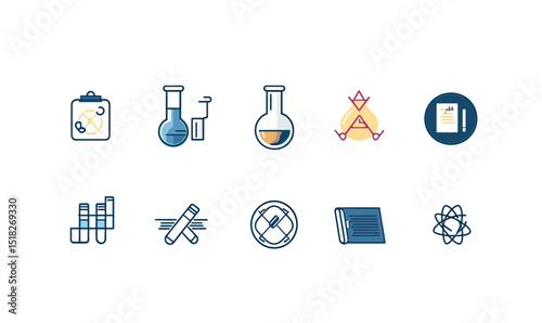 Flat minimalist chemistry education icons collection with test tubes, flasks, laboratory equipment, chemistry report, science journal, atom symbol, and molecular structure vector set