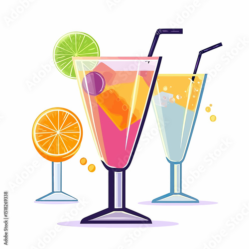 Colorful fruity cocktails with ice cubes lime and orange slices in transparent glasses with straws on white background vector illustration flat style