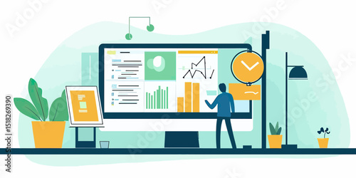 Business analytics dashboard with charts graphs and data visualization on large monitor workspace with person analyzing digital report vector illustration