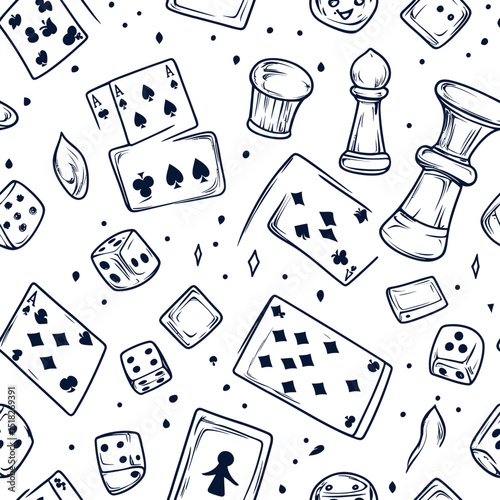 Seamless hand drawn pattern of playing cards, dice, chess pawns, chips, dominoes doodle sketches for board game shop or store design in minimalist vector style